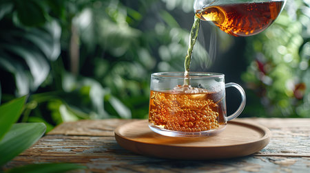 Glass cup of tea on wooden table and blurred nature background.の素材