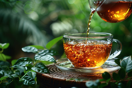 Glass cup of tea on wooden table and blurred nature background.の素材