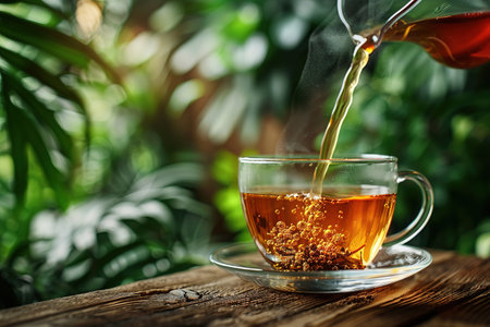 Glass cup of tea on wooden table and blurred nature background.の素材