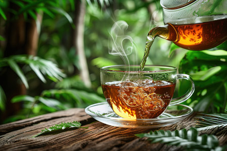 Glass cup of tea on wooden table and blurred nature background.の素材