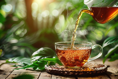 Glass cup of tea on wooden table and blurred nature background.の素材