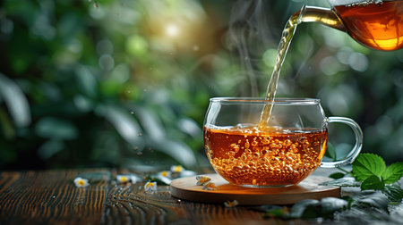 Glass cup of tea on wooden table and blurred nature background.の素材