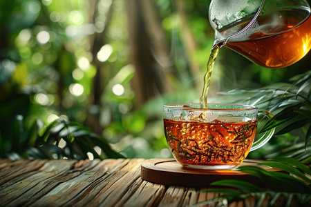 Glass cup of tea on wooden table and blurred nature background.の素材