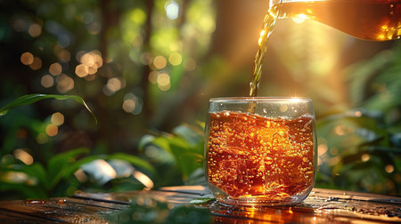 Glass cup of tea on wooden table and blurred nature background.の素材