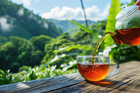Glass cup of tea on wooden table and blurred nature background.の素材