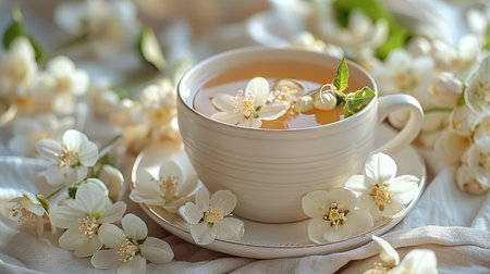 A Cup of green tea and white Jasmine flowers. Jasmine flowers in vase and two glass cups of green tea.の素材