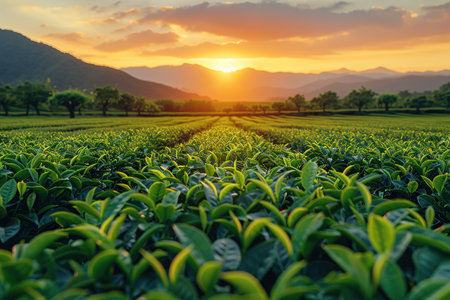 Green tea leaves in a tea plantation in morning, Tea plantations at dawn.の素材