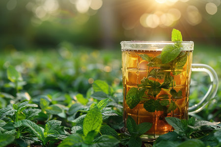 Glass cup of tea on wooden table and blurred nature background.の素材