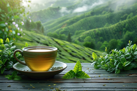 Cup of hot tea and leaf on the wooden table with the tea plantations background.の素材