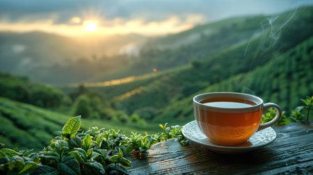 Cup of hot tea and leaf on the wooden table with the tea plantations background.の素材