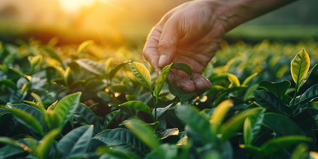 green tea leaf in hand on background of mountains. Harvesting tea by farmer hand, harvesting every morning on green organic farm, Close up frontの素材