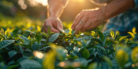 green tea leaf in hand on background of mountains. Harvesting tea by farmer hand, harvesting every morning on green organic farm, Close up frontの素材