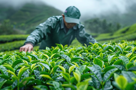 green tea leaf in hand on background of mountains. Harvesting tea by farmer hand, harvesting every morning on green organic farm, Close up frontの素材