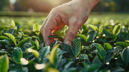green tea leaf in hand on background of mountains. Harvesting tea by farmer hand, harvesting every morning on green organic farm, Close up frontの素材
