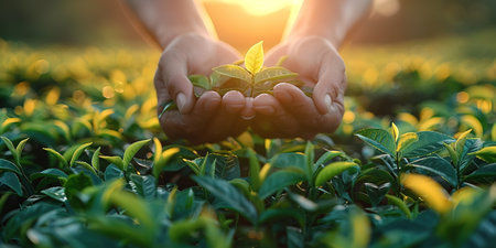 green tea leaf in hand on background of mountains. Harvesting tea by farmer hand, harvesting every morning on green organic farm, Close up frontの素材