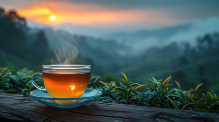 Cup of hot tea and leaf on the wooden table with the tea plantations background.の素材