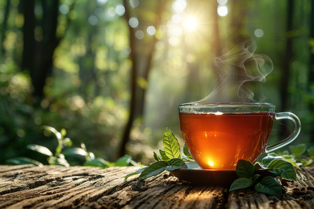 Glass cup of tea on wooden table and blurred nature background.の素材