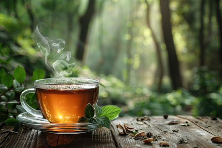 Glass cup of tea on wooden table and blurred nature background.の素材