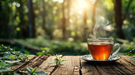 Glass cup of tea on wooden table and blurred nature background.の素材