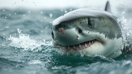 A very scary white shark with an open mouth in the ocean. A cinematic attack by a terrifying white shark.の素材