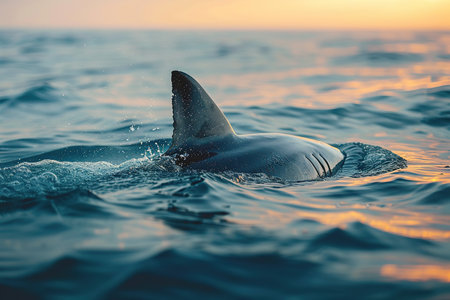 shark fin on surface of ocean agains blue cloudy sky.の素材