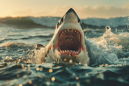 A plus four meter great white shark jumping out of the water with an open mouth full of teeth.の素材