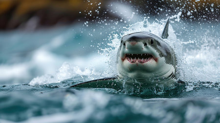 A plus four meter great white shark jumping out of the water with an open mouth full of teeth.の素材