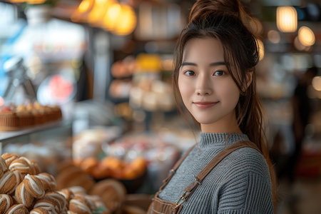 Portrait of Asian girl in apron, standing in cafe near counter, barista pointing finger at copy space, empty banner coffee shop.の素材