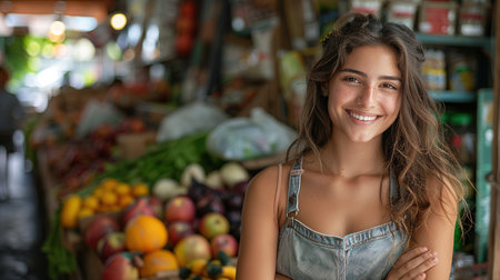 Portrait of saleswoman with hands in pocket while female customer shopping in background at supermarketの素材