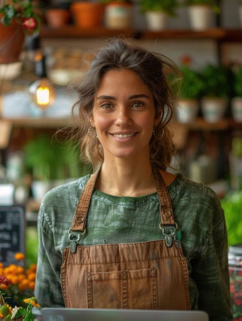 Portrait of saleswoman with hands in pocket while female customer shopping in background at supermarketの素材