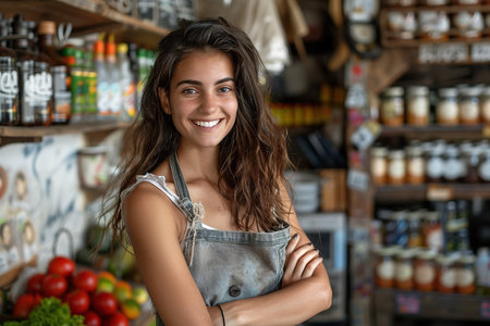 Young latin shopkeeper girl with arms crossed smiling happy at the fruit store.の素材