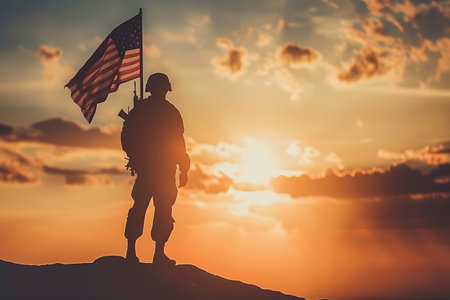 Silhouette of soldier with USA flag against the sunset. Greeting card for Veterans Day, Memorial Day, Independence Dayの素材