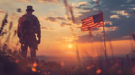 Silhouette of soldier with USA flag against the sunset. Greeting card for Veterans Day, Memorial Day, Independence Dayの素材