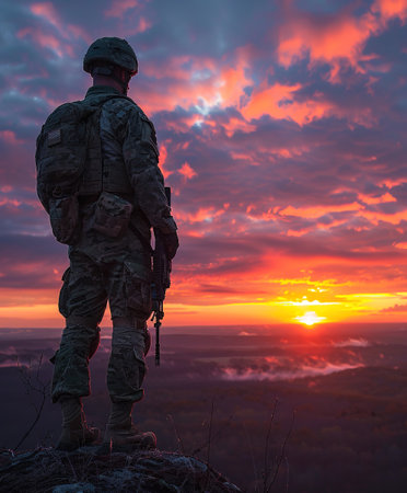 Silhouette of soldier with USA flag against the sunset. Greeting card for Veterans Day, Memorial Day, Independence Dayの素材