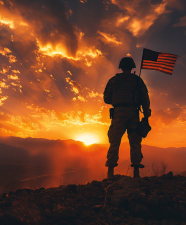 Silhouette of soldier with USA flag against the sunset. Greeting card for Veterans Day, Memorial Day, Independence Dayの素材