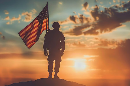 Silhouette of soldier with USA flag against the sunset. Greeting card for Veterans Day, Memorial Day, Independence Dayの素材