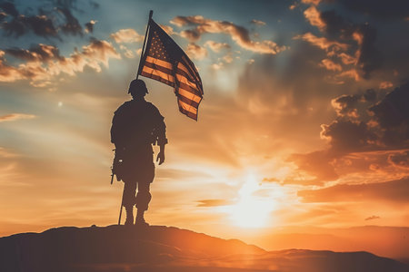 Silhouette of soldier with USA flag against the sunset. Greeting card for Veterans Day, Memorial Day, Independence Dayの素材