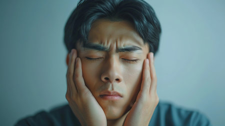 Portrait of upset sad depressed man in living room at home alone suffering from headache. Young guy in bad thoughts feeling lonely indoors or having problems in relationshipsの素材