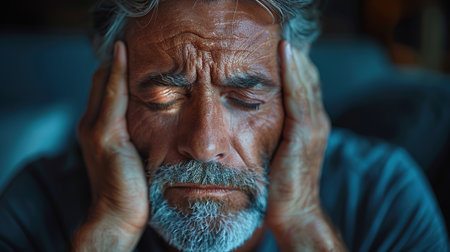 Man at home having a headache in front.の素材