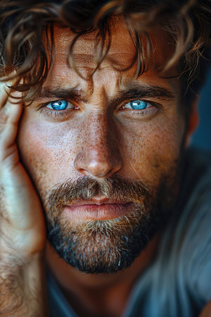 Portrait of upset sad depressed man in living room at home alone suffering from headache. Young guy in bad thoughts feeling lonely indoors or having problems in relationshipsの素材