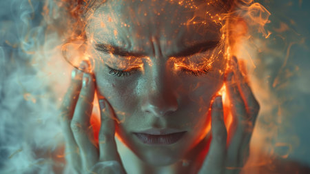 Stress - woman stressed with headache. Female stressed and worried with migraine headache pain. young female model. Asian Chinese/Caucasian.の素材