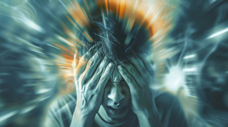 Stress - woman stressed with headache. Female stressed and worried with migraine headache pain. young female model. Asian Chinese/Caucasian.の素材