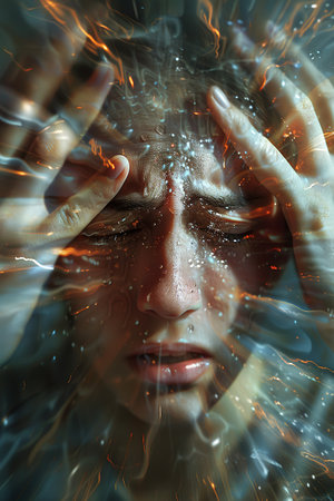 Stress - woman stressed with headache. Female stressed and worried with migraine headache pain. young female model. Asian Chinese/Caucasian.の素材