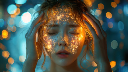 Stress - woman stressed with headache. Female stressed and worried with migraine headache pain. young female model. Asian Chinese/Caucasian.の素材