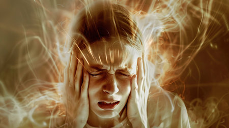 Stress - woman stressed with headache. Female stressed and worried with migraine headache pain. young female model. Asian Chinese/Caucasian.の素材