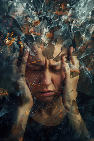 Stress - woman stressed with headache. Female stressed and worried with migraine headache pain. young female model. Asian Chinese/Caucasian.の素材