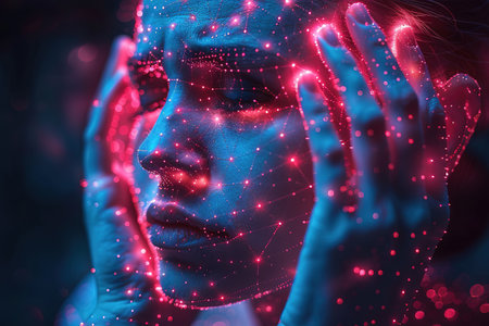 Brain diseases problem cause chronic severe headache migraine. Female adult look tired and stressed out depressed, having mental problem trouble, medical conceptの素材