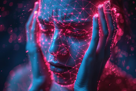 Brain diseases problem cause chronic severe headache migraine. Female adult look tired and stressed out depressed, having mental problem trouble, medical conceptの素材