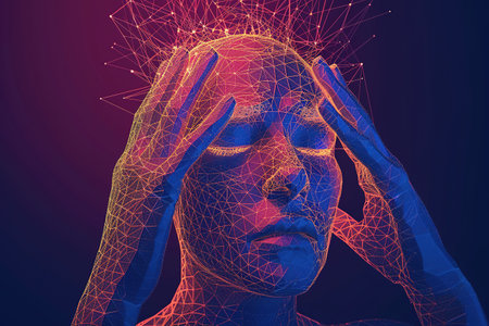 Brain diseases problem cause chronic severe headache migraine. Male adult look tired and stressed out depressed, having mental problem trouble, medical conceptの素材