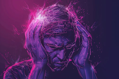 Brain diseases problem cause chronic severe headache migraine. Male adult look tired and stressed out depressed, having mental problem trouble, medical conceptの素材